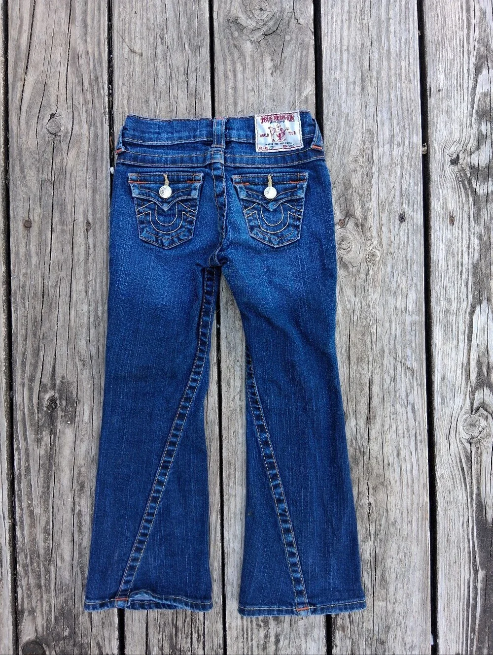 Vintage True Religion Toddler Size 5 T Flare Dark Wash Jeans Orange Stitching